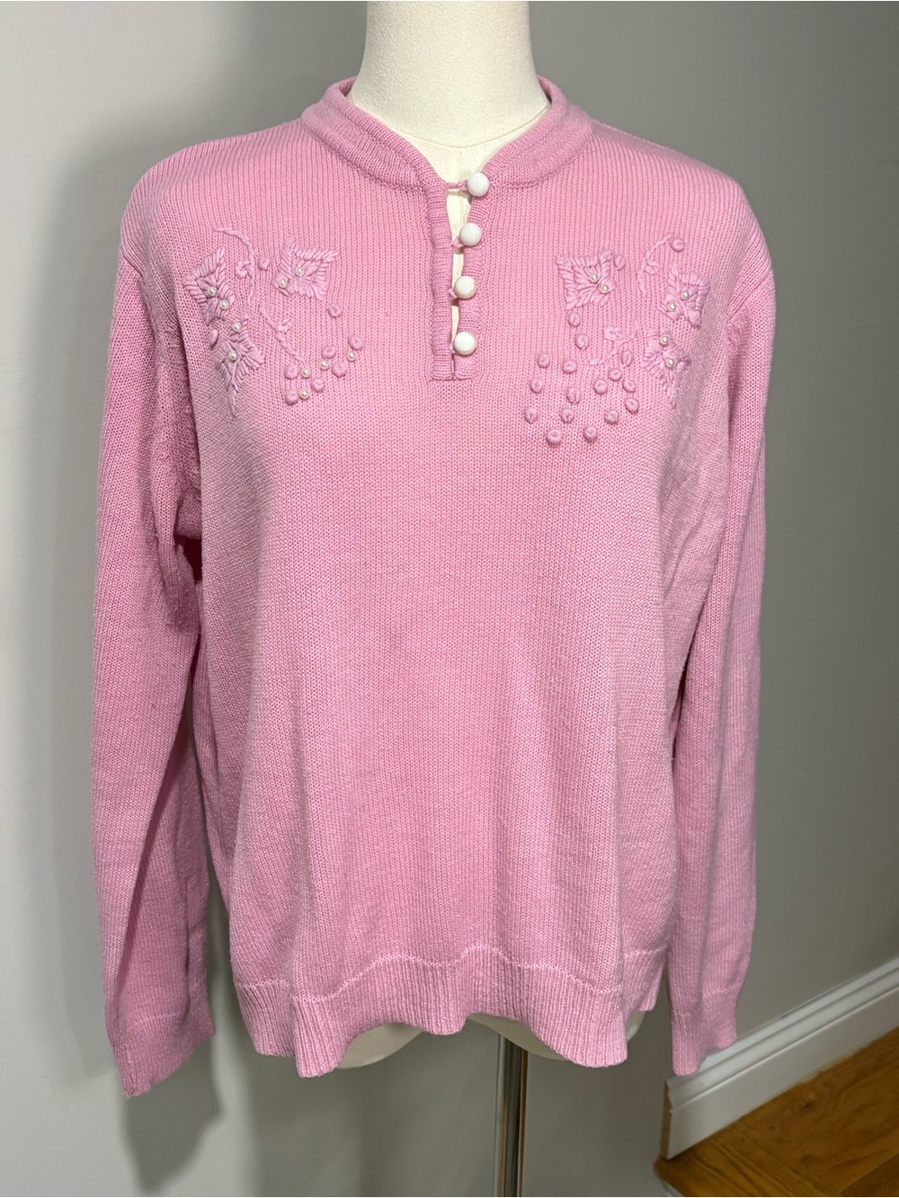 Vtg Adrian Delafield Cottagecore Floral Embroidery Pearl Accent Pink Sweater S/M